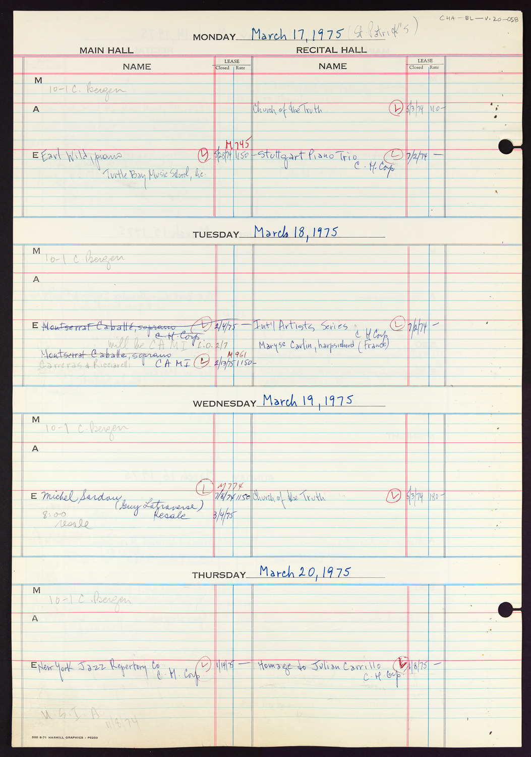 Carnegie Hall Booking Ledger, volume 20, page 58