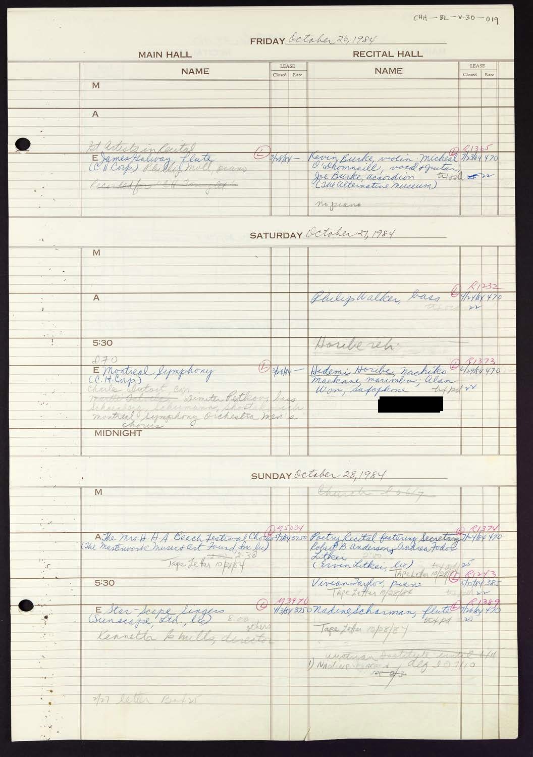 Carnegie Hall Booking Ledger, volume 30, page 19