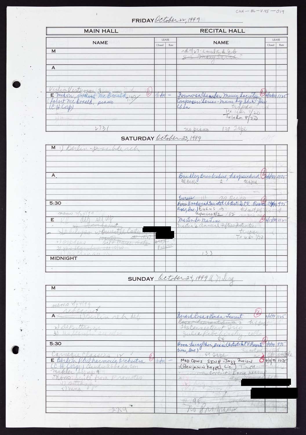 Carnegie Hall Booking Ledger, volume 45, page 19