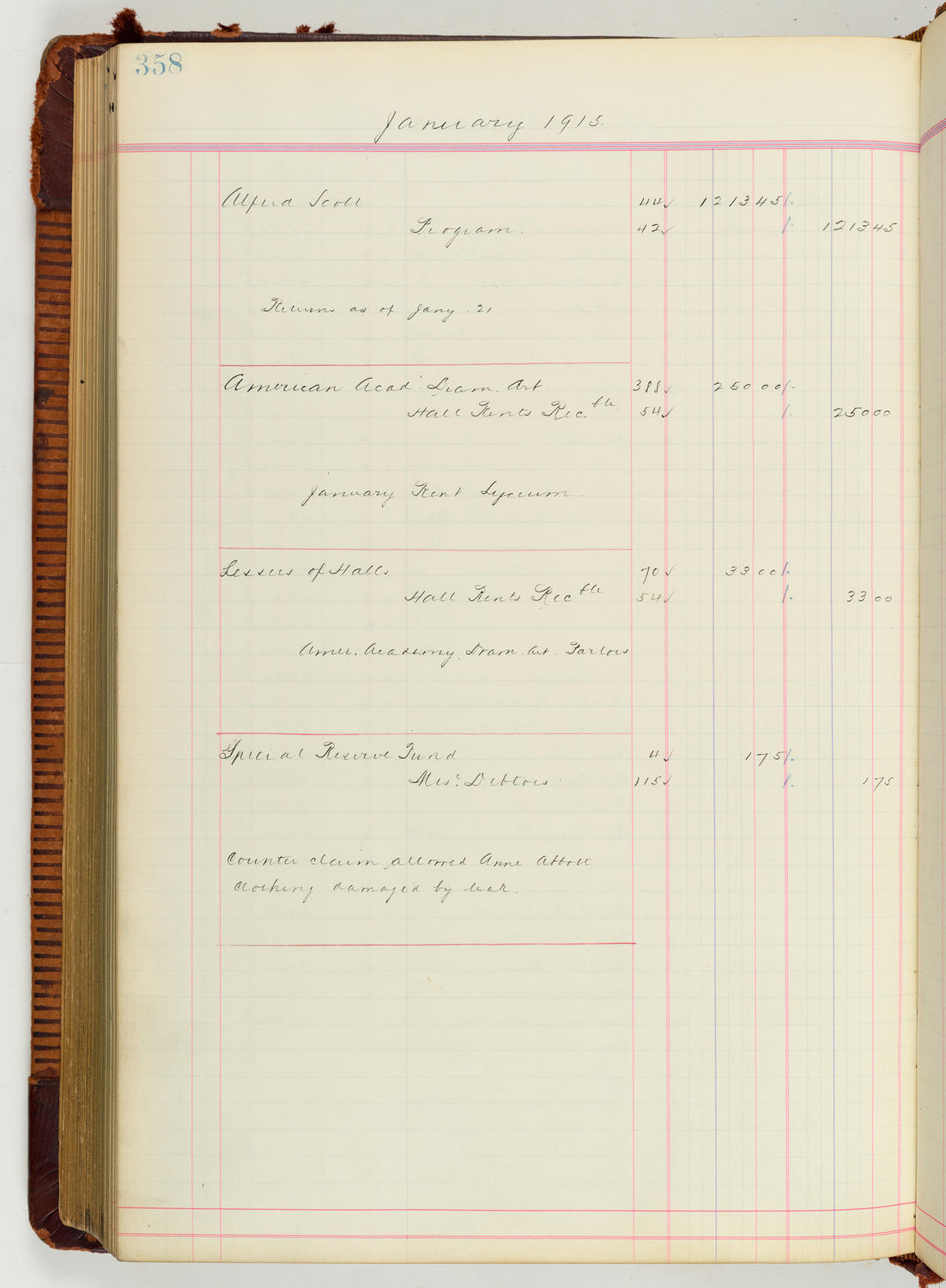 Music Hall Accounting Ledger Journal, volume 7, page 358