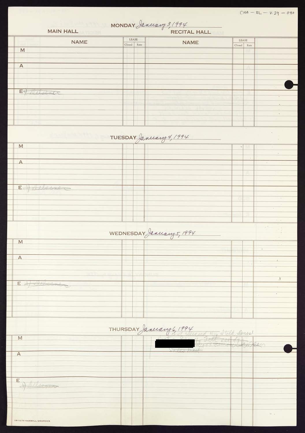 Carnegie Hall Booking Ledger, volume 39, page 40