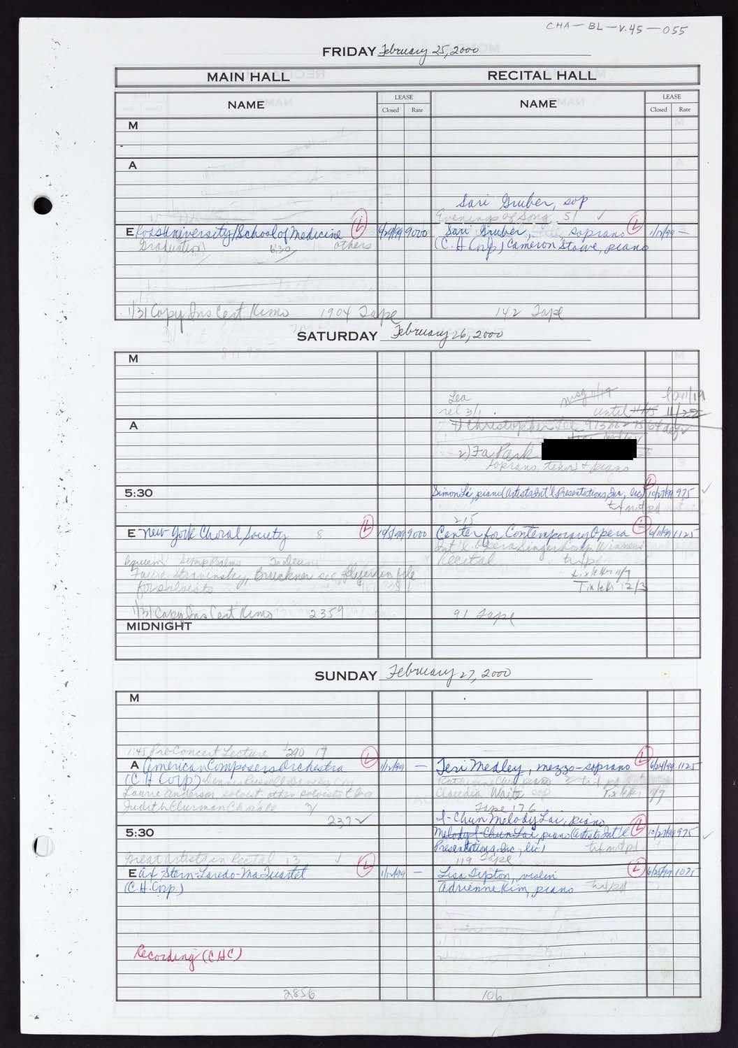 Carnegie Hall Booking Ledger, volume 45, page 55