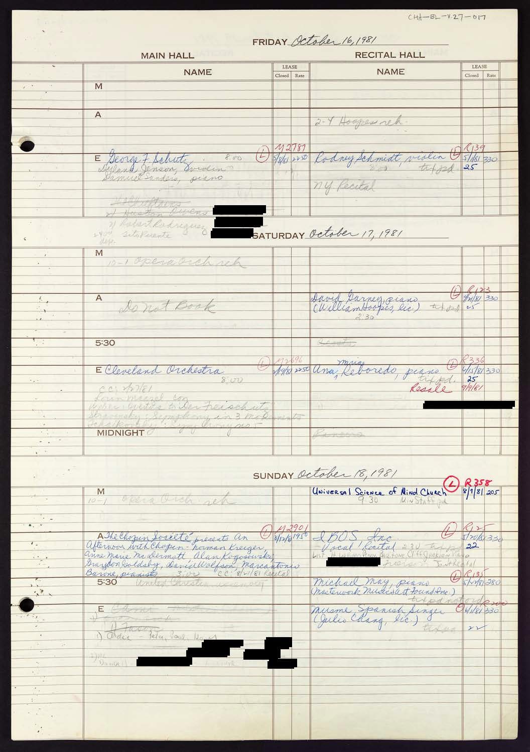 Carnegie Hall Booking Ledger, volume 27, page 17