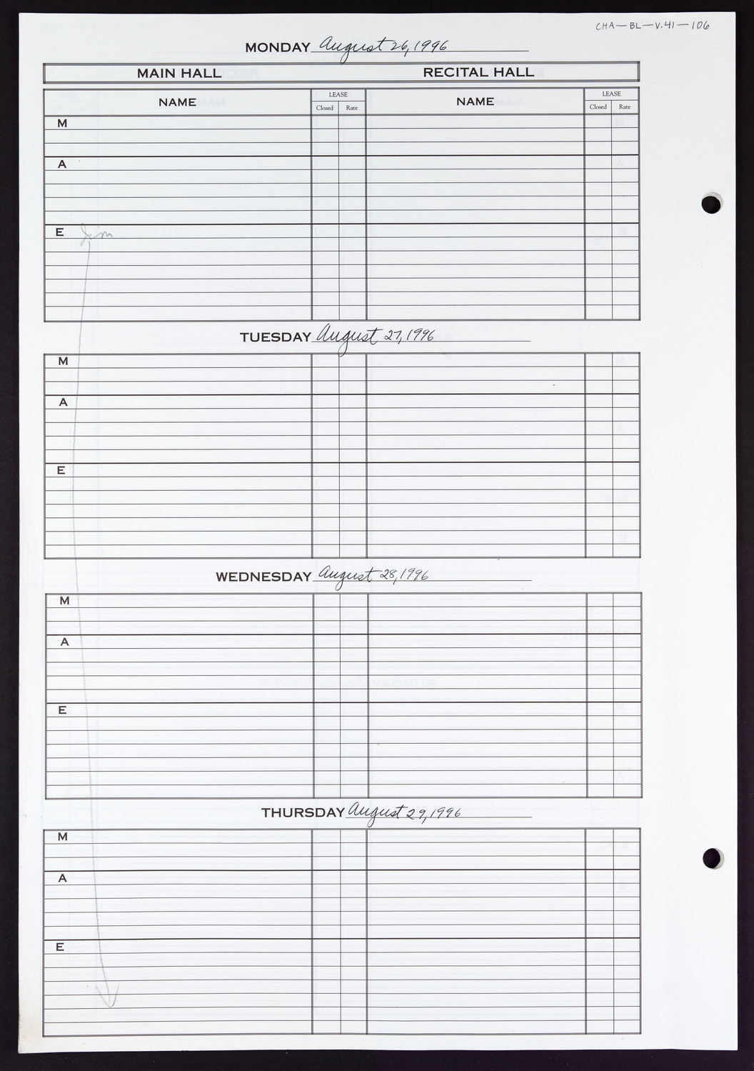 Carnegie Hall Booking Ledger, volume 41, page 106