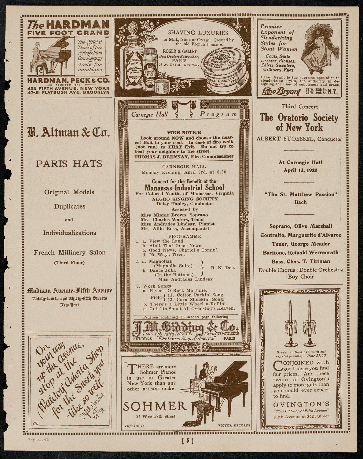 Negro Singing Society/ Benefit: Manassas Industrial School, April 3, 1922, program page 5