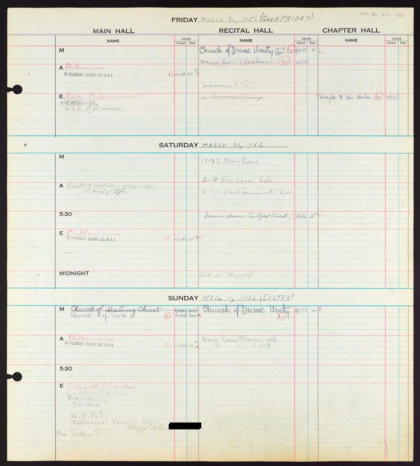 Carnegie Hall Booking Ledger, volume 1, page 55