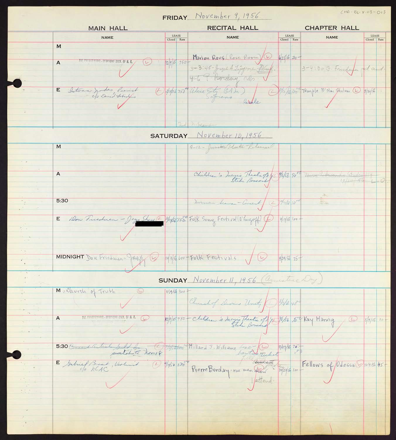 Carnegie Hall Booking Ledger, volume 2, page 13