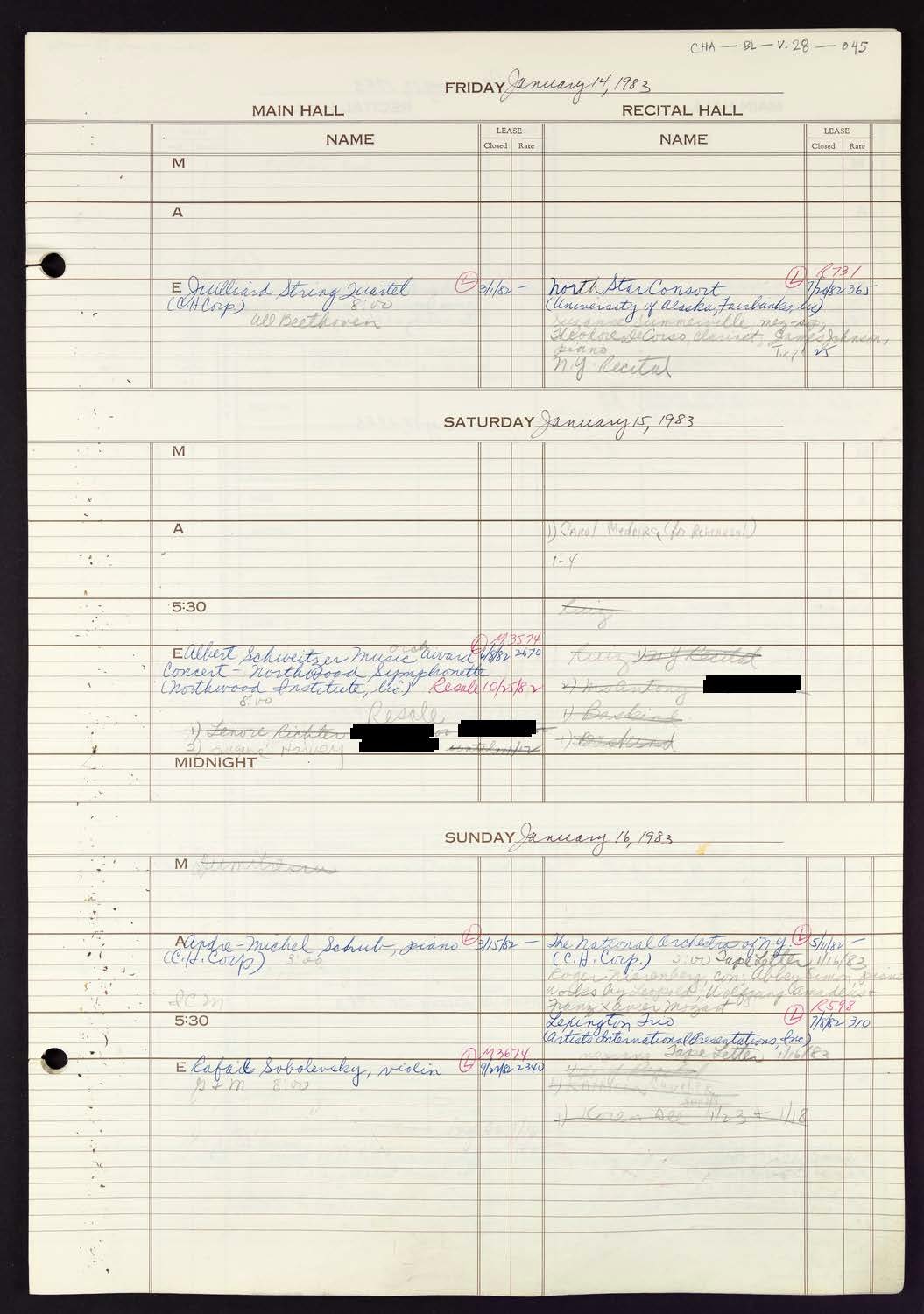 Carnegie Hall Booking Ledger, volume 28, page 45