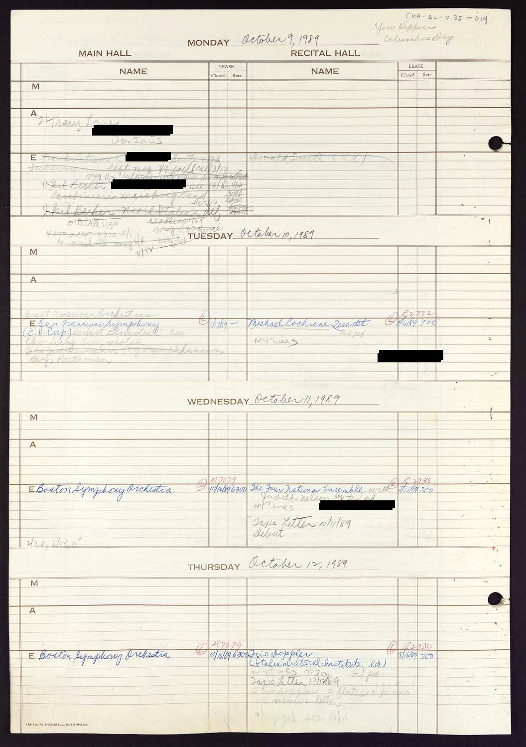 Carnegie Hall Booking Ledger, volume 35, page 14