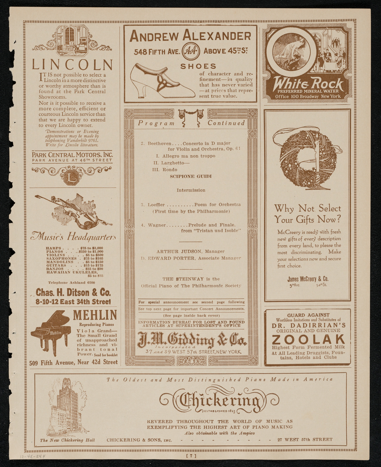 New York Philharmonic, December 4, 1924, program page 7