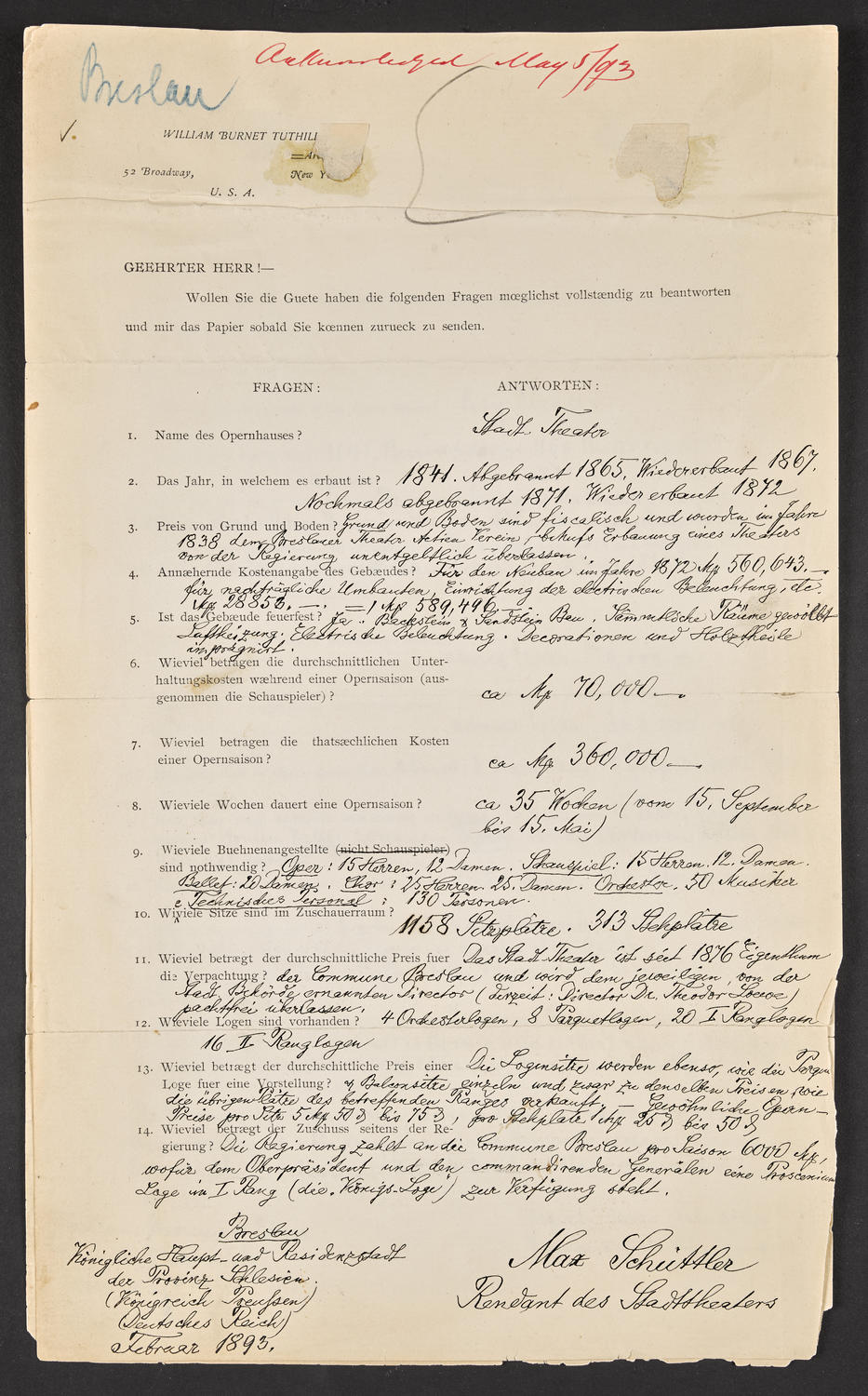 Questionnaire to Breslau Stadt Theater, February 1893