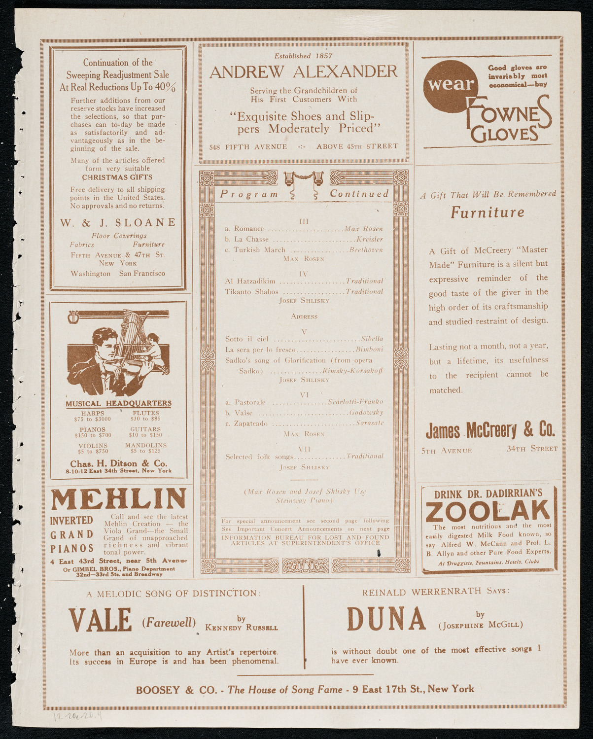 Josef Shlisky, Tenor, and Max Rosen, Violin, December 20, 1920, program page 7