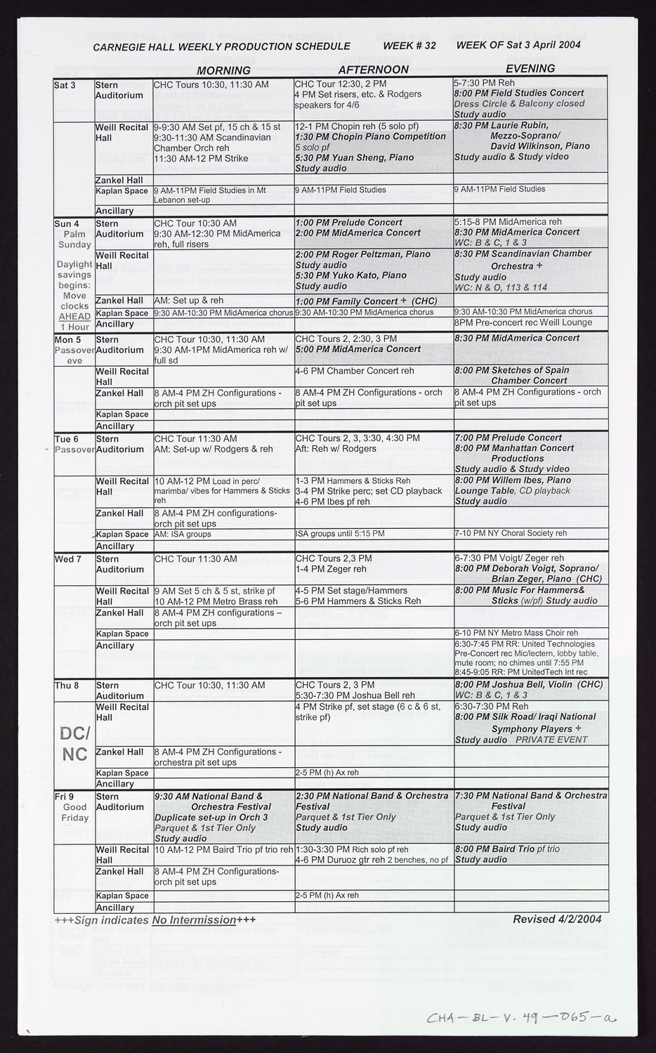 Carnegie Hall Booking Ledger, volume 49, page 65a