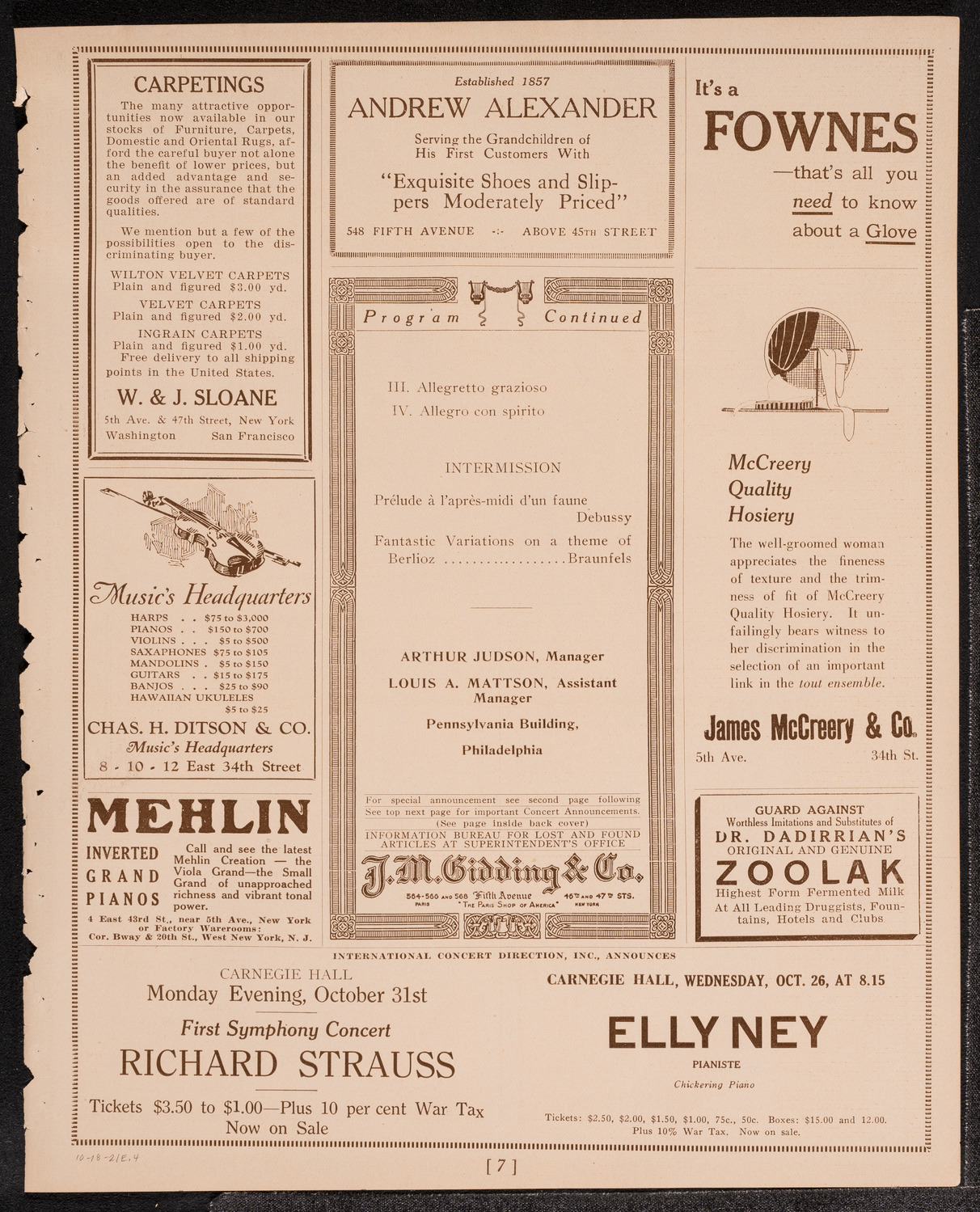 Philadelphia Orchestra, October 18, 1921, program page 7