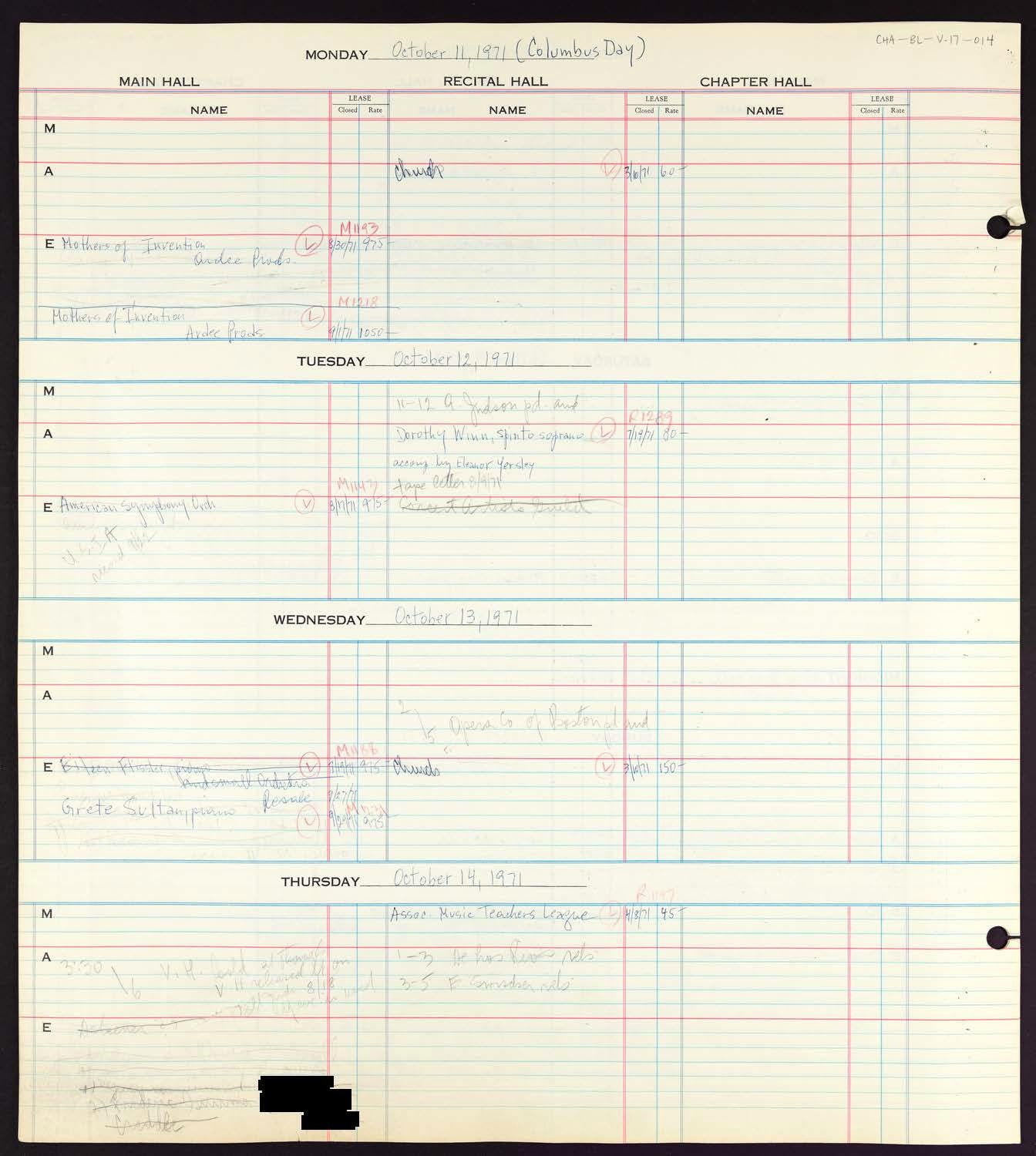 Carnegie Hall Booking Ledger, volume 17, page 14