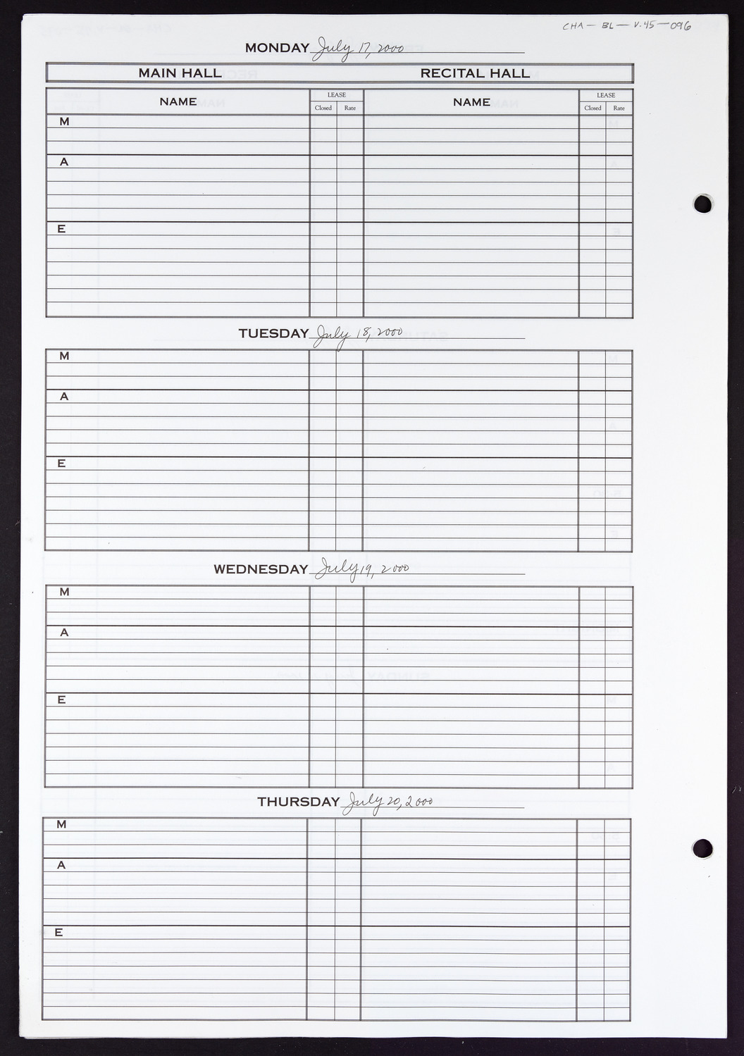 Carnegie Hall Booking Ledger, volume 45, page 96