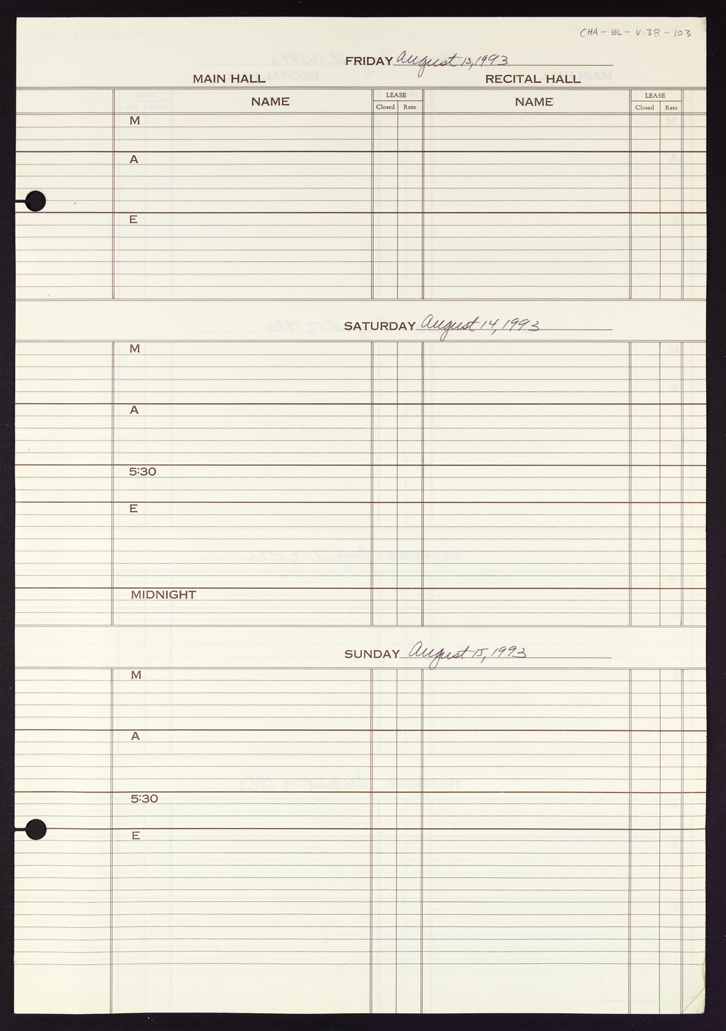 Carnegie Hall Booking Ledger, volume 38, page 103