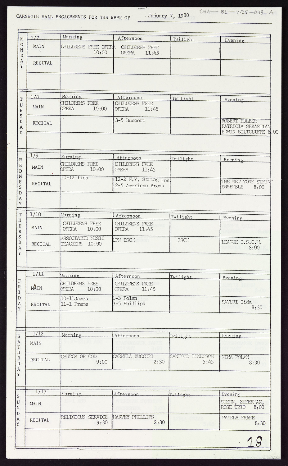 Carnegie Hall Booking Ledger, volume 25, page 38a