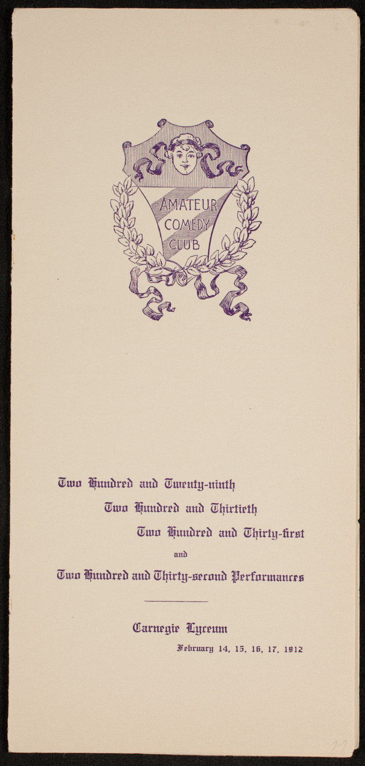 Amateur Comedy Club, February 14, 1912, program page 1