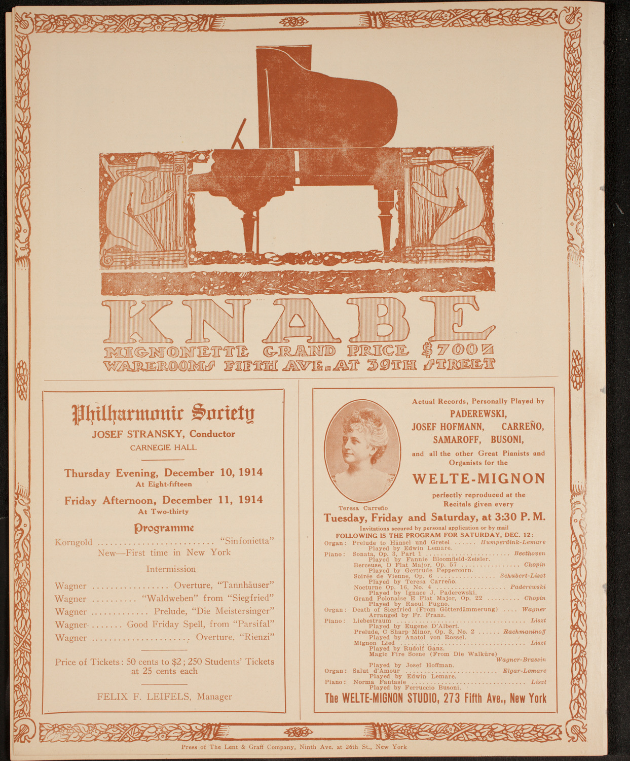 Leonard Borwick, Piano, December 8, 1914, program page 12