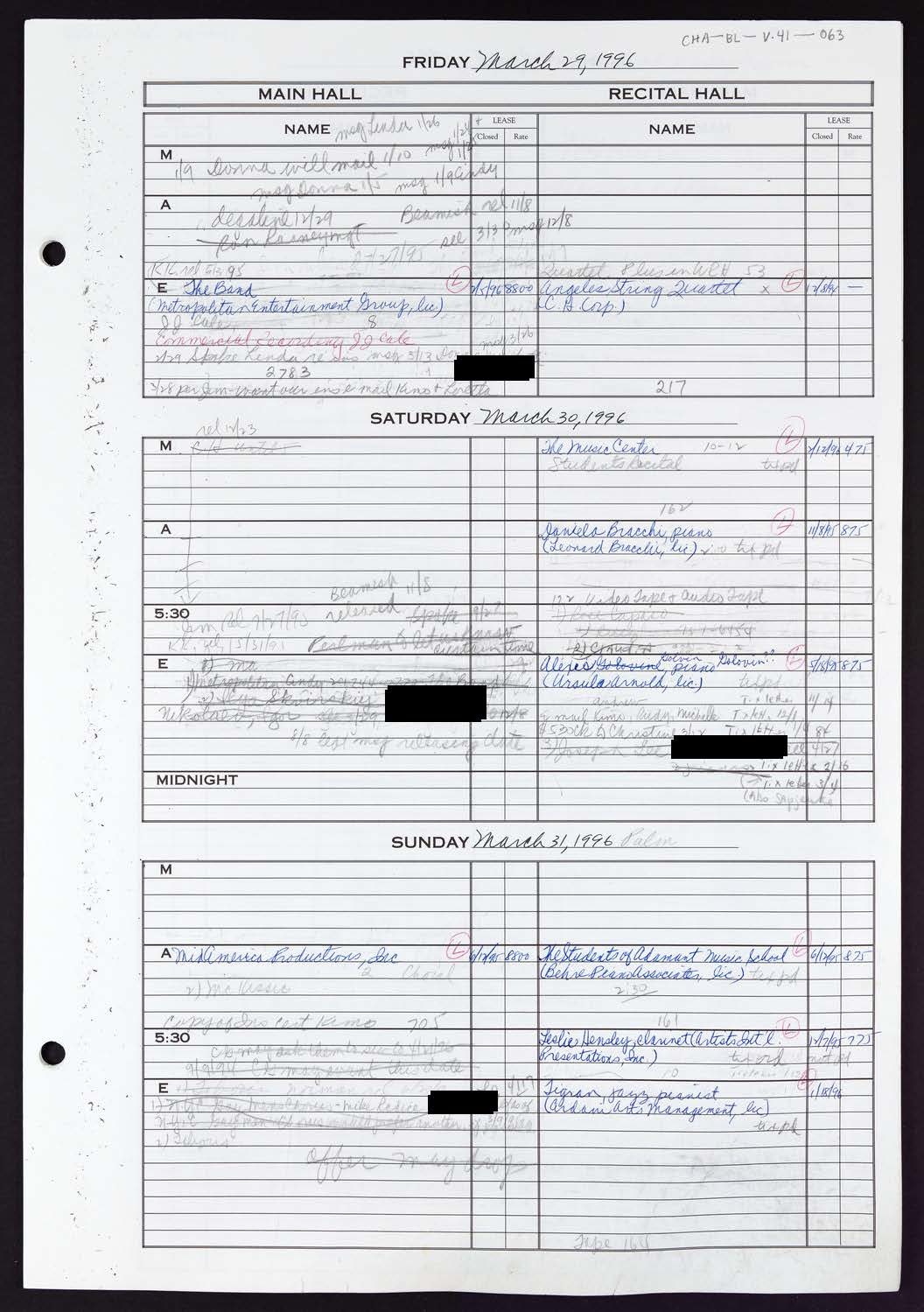 Carnegie Hall Booking Ledger, volume 41, page 63