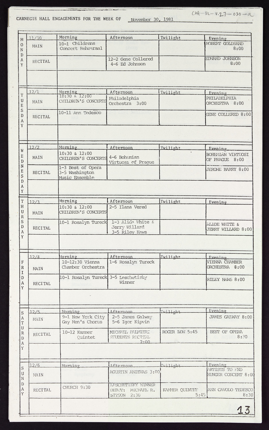 Carnegie Hall Booking Ledger, volume 27, page 30a