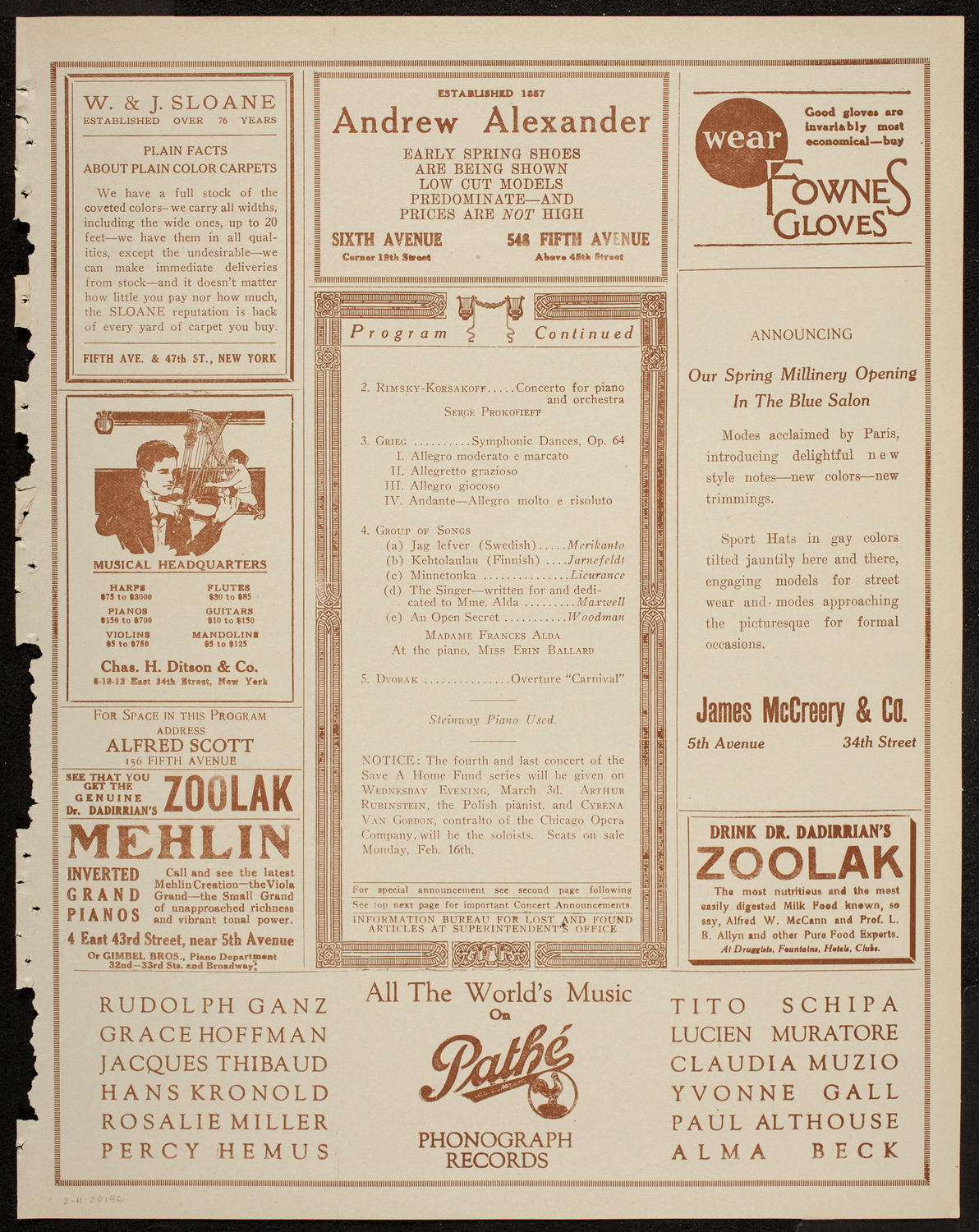 Evening Mail Save-A-Home Fund Concert: New York Philharmonic, February 11, 1920, program page 7