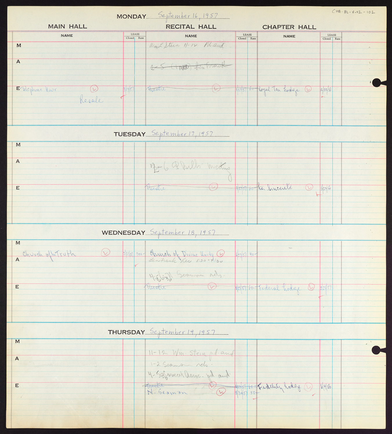 Carnegie Hall Booking Ledger, volume 2, page 102