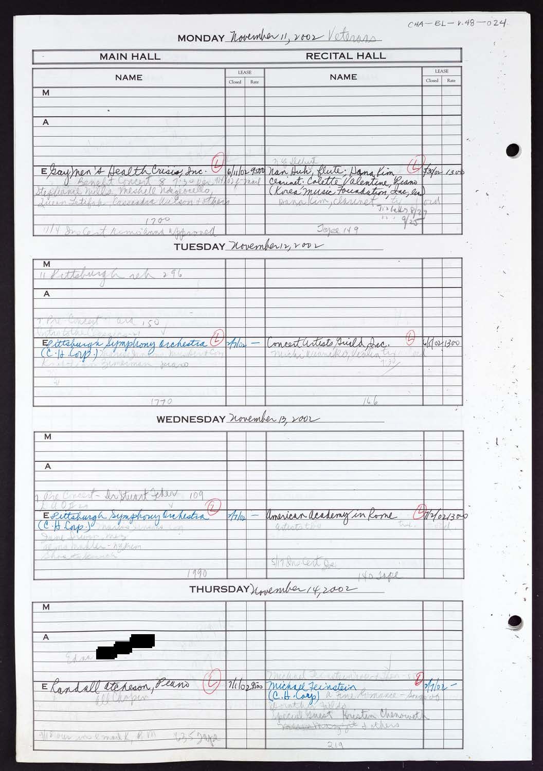 Carnegie Hall Booking Ledger, volume 48, page 24