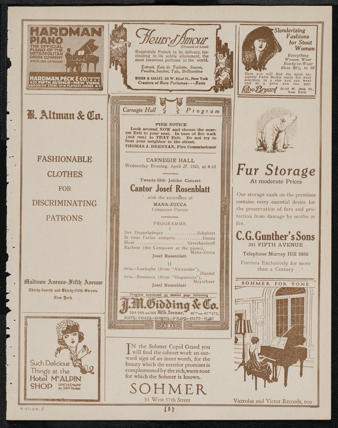 Josef Rosenblatt, Tenor and Mana Zucca, Composer and Pianist, April 27, 1921, program page 5