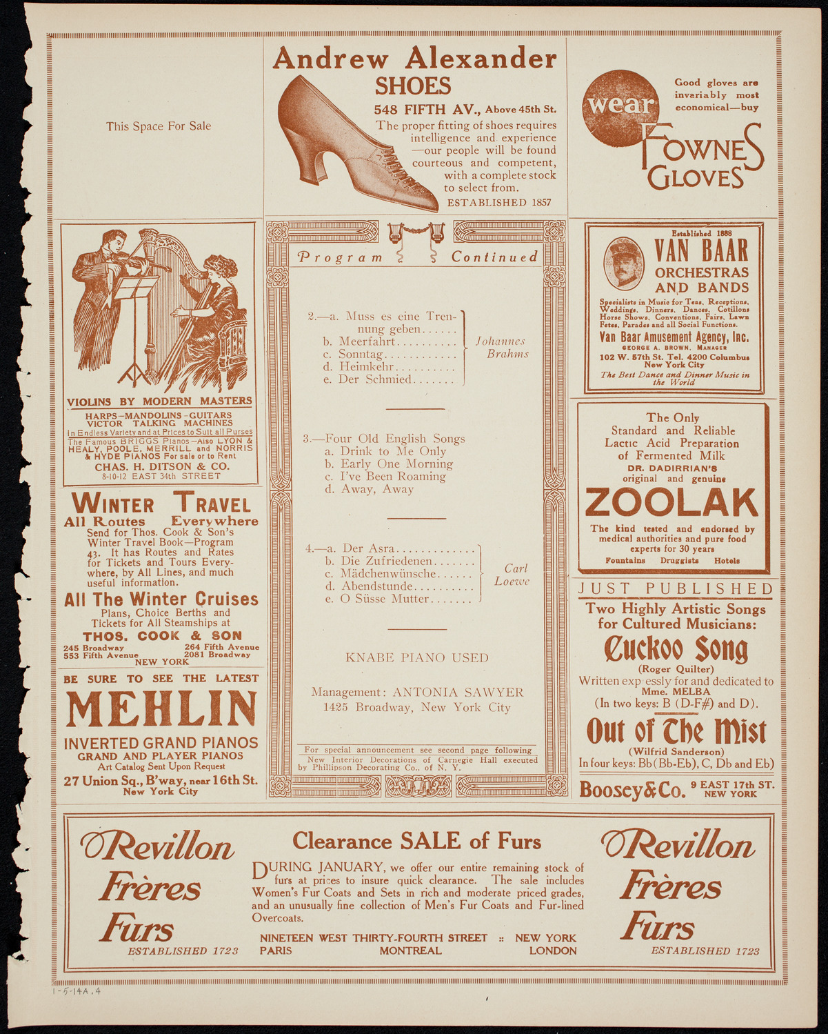 Julia Culp, Contralto, January 5, 1914, program page 7