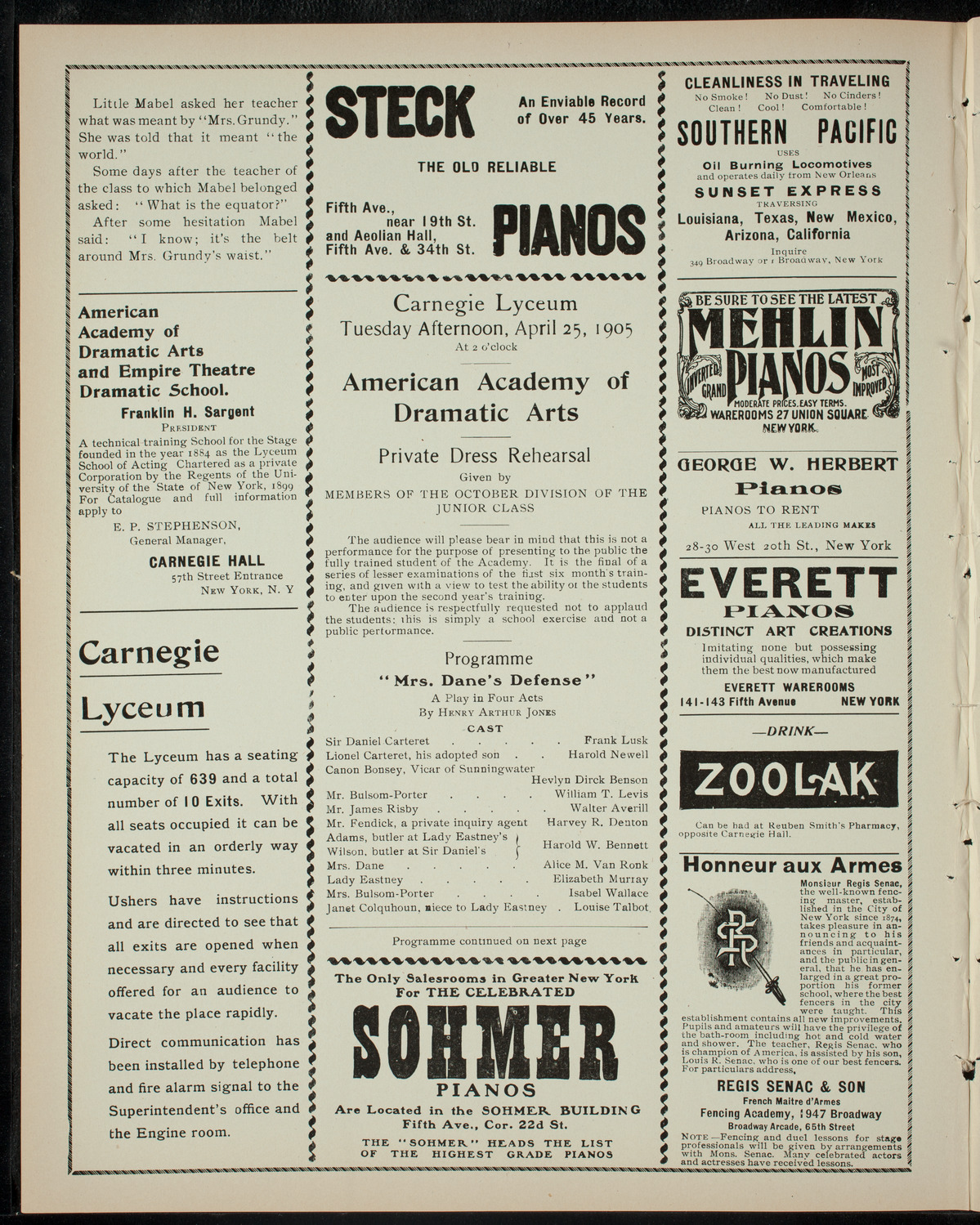 American Academy of Dramatic Arts Private Dress Rehearsal, April 25, 1905, program page 2