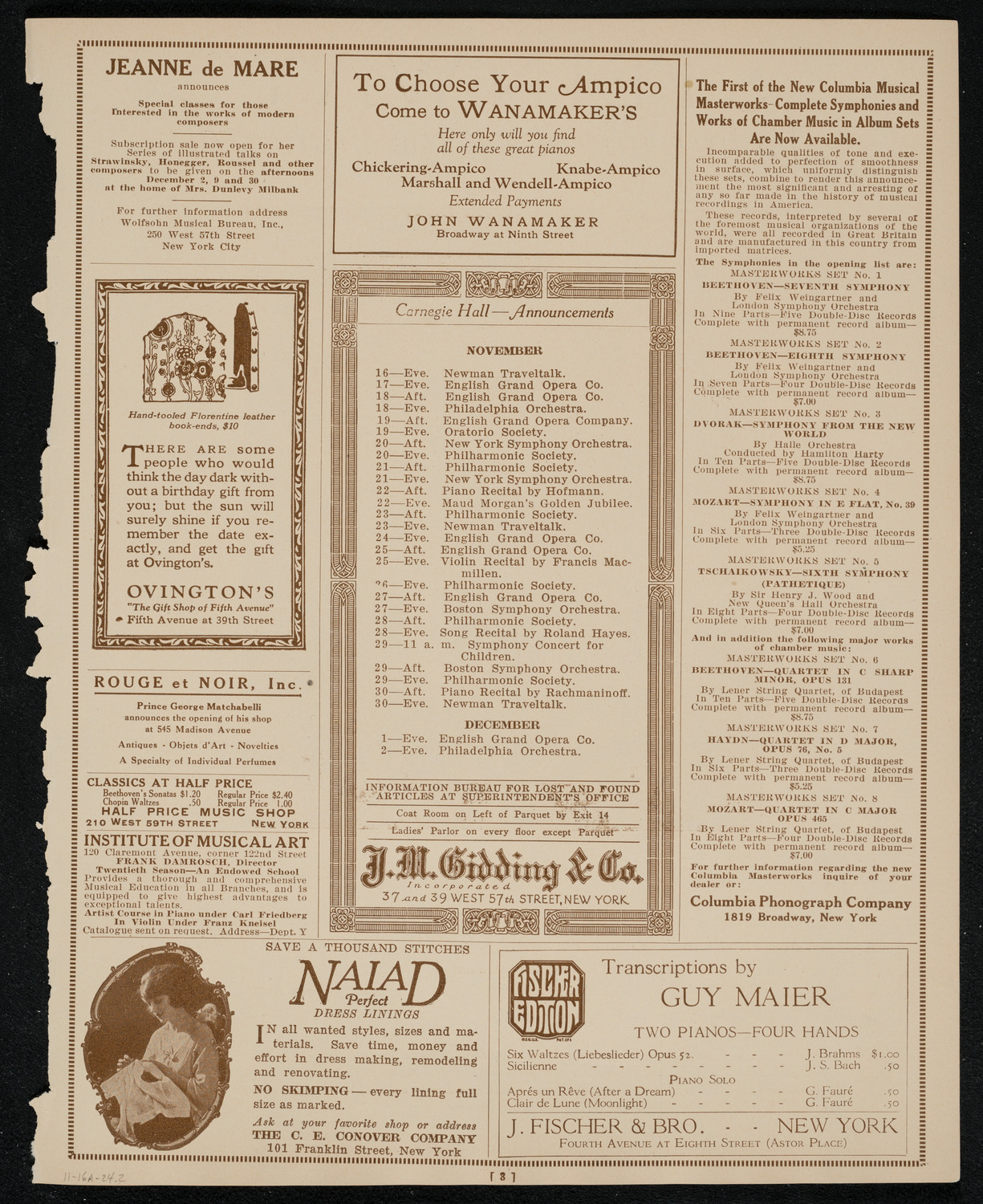 New York Philharmonic, November 16, 1924, program page 3