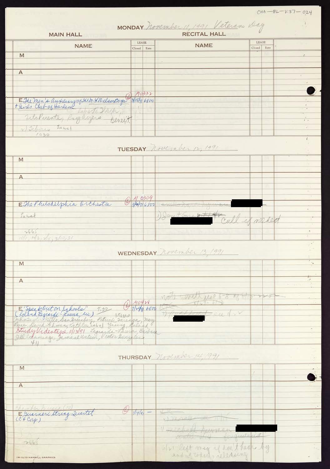 Carnegie Hall Booking Ledger, volume 37, page 24