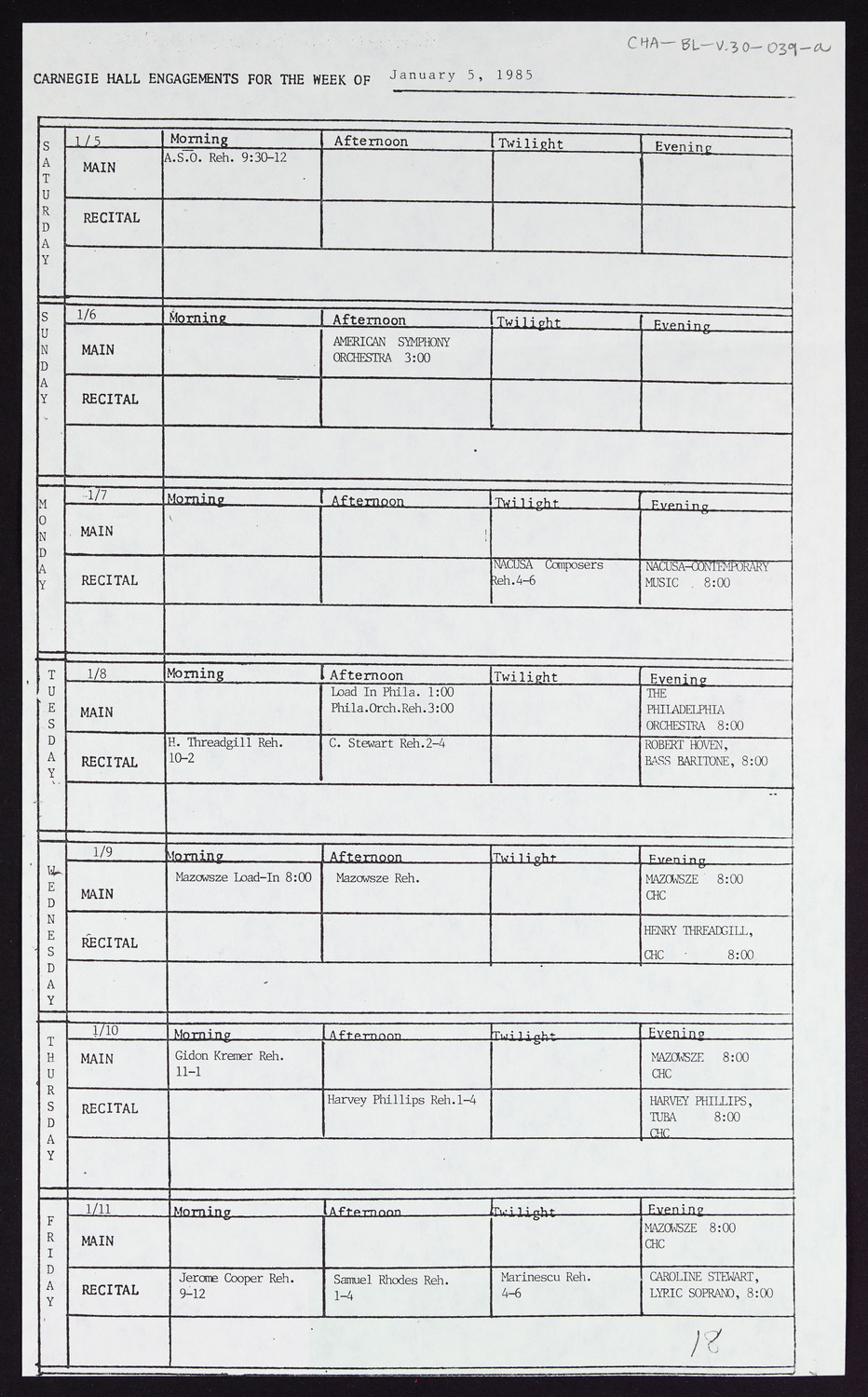 Carnegie Hall Booking Ledger, volume 30, page 39a