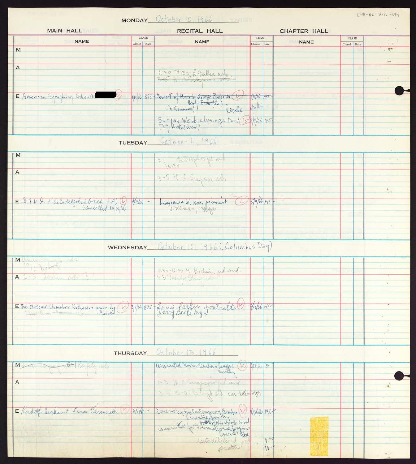 Carnegie Hall Booking Ledger, volume 12, page 14