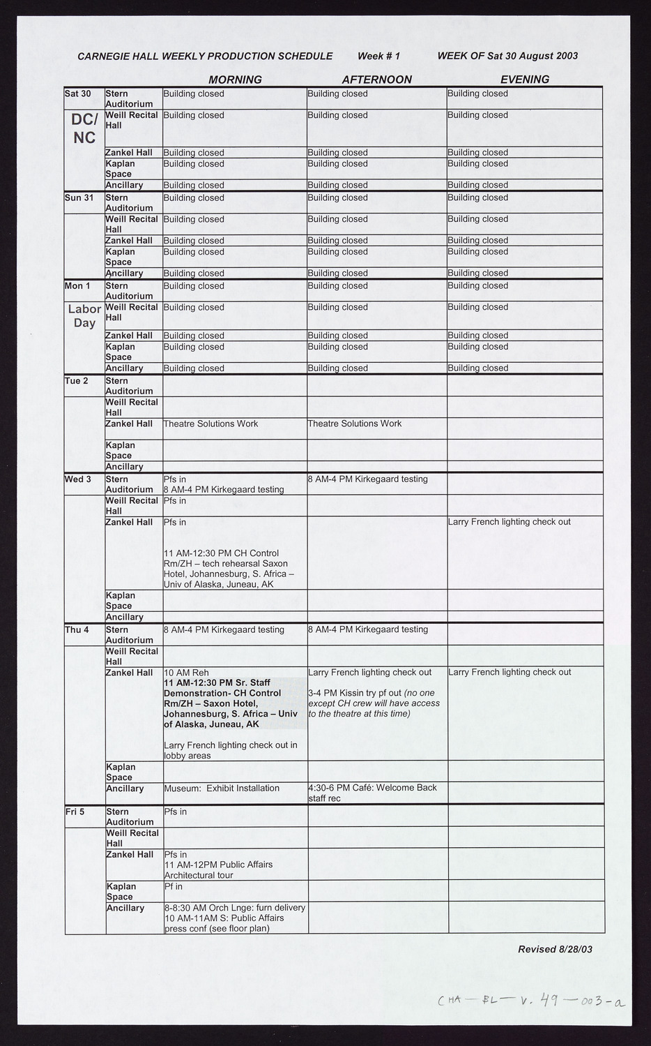 Carnegie Hall Booking Ledger, volume 49, page 3a