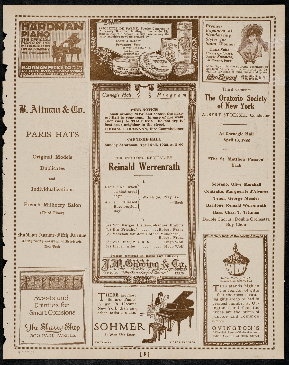 Reinald Werrenrath, Baritone, April 2, 1922, program page 5