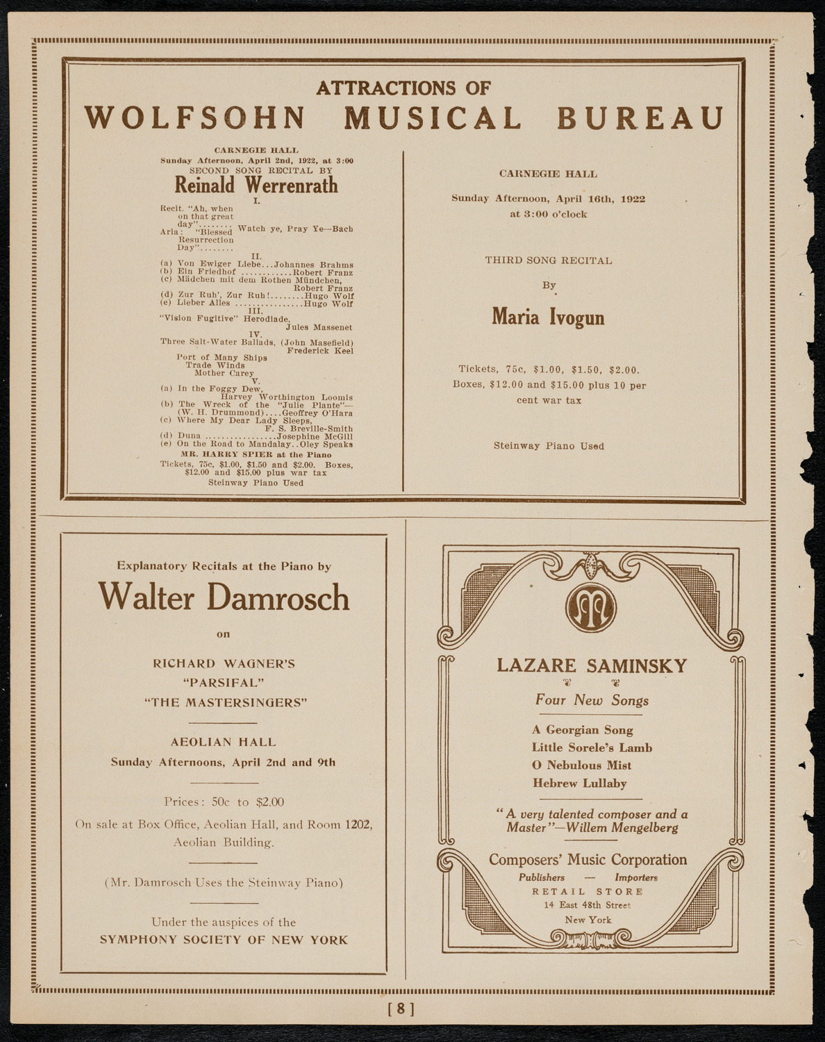 New York Philharmonic, March 26, 1922, program page 8