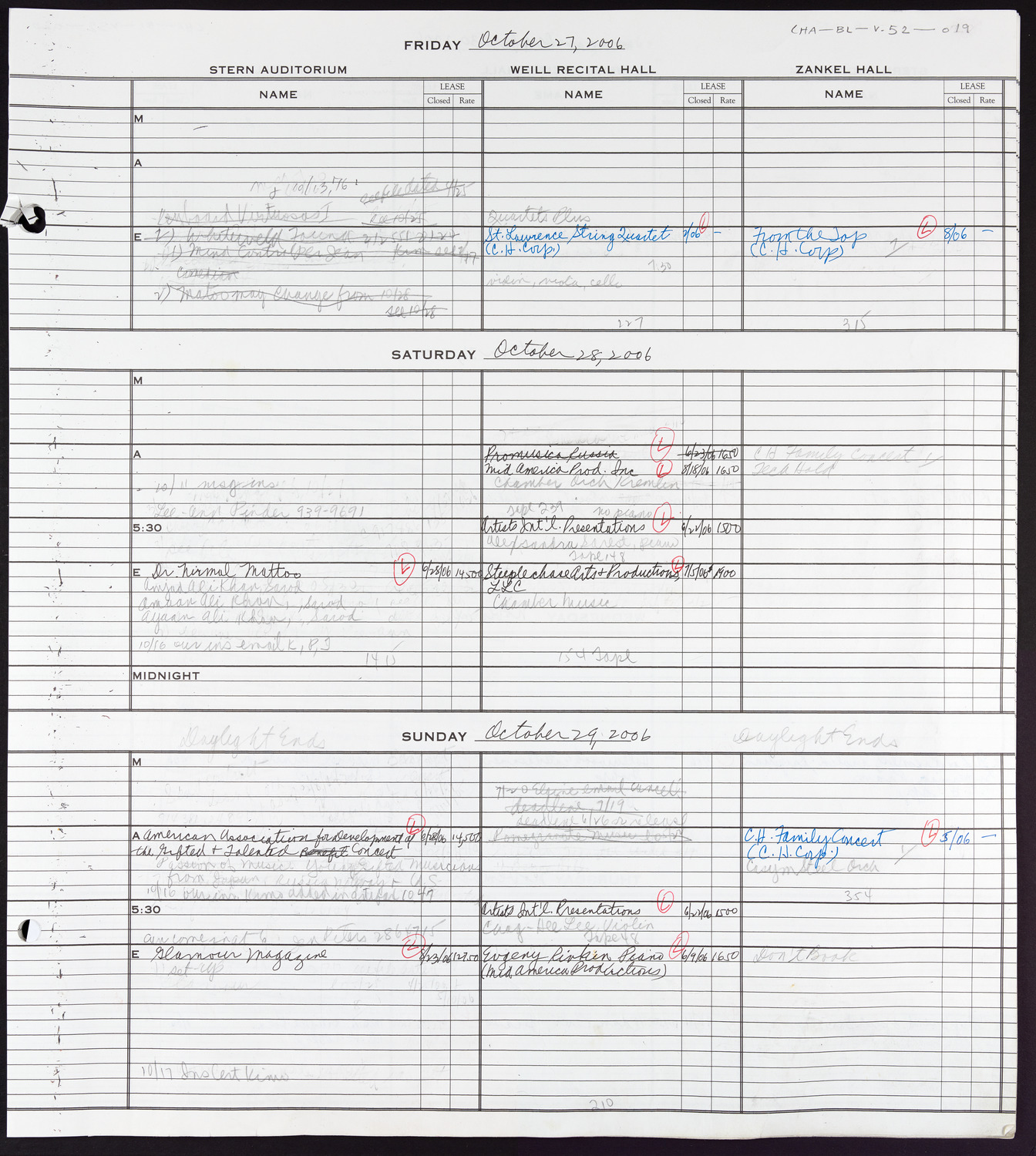 Carnegie Hall Booking Ledger, volume 52, page 19