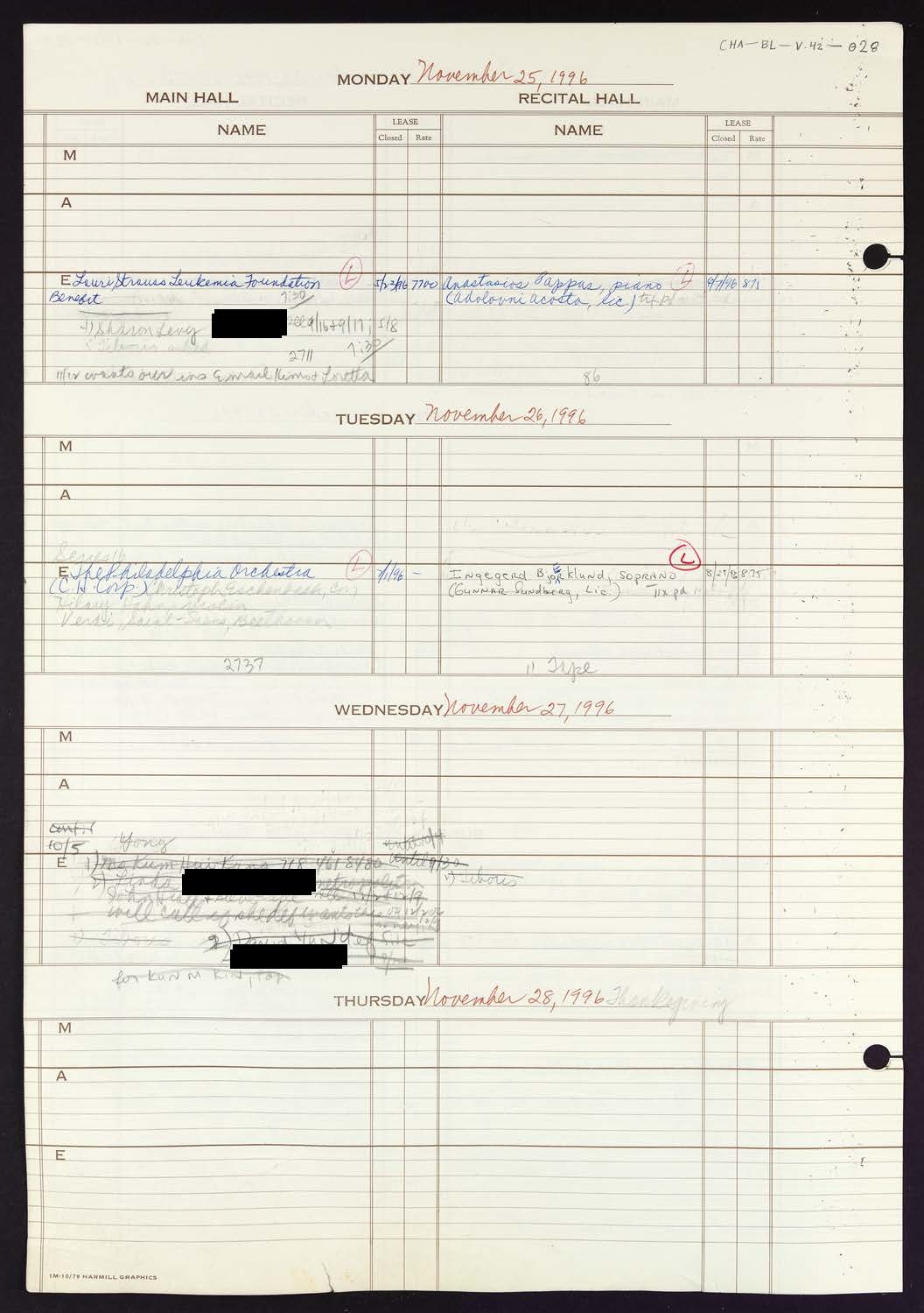 Carnegie Hall Booking Ledger, volume 42, page 28