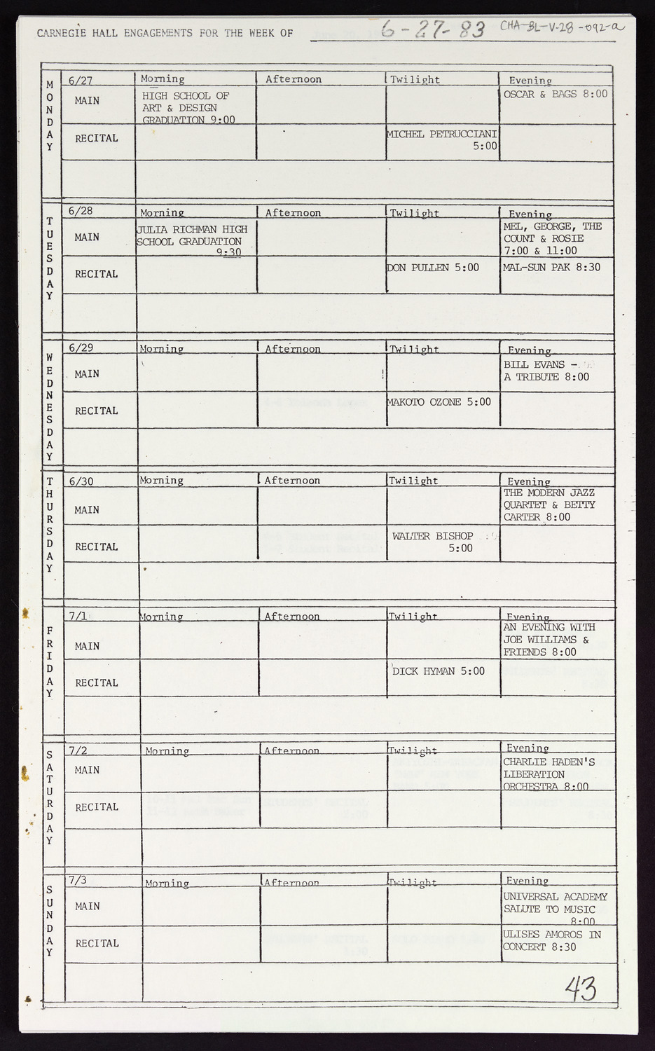 Carnegie Hall Booking Ledger, volume 28, page 92a