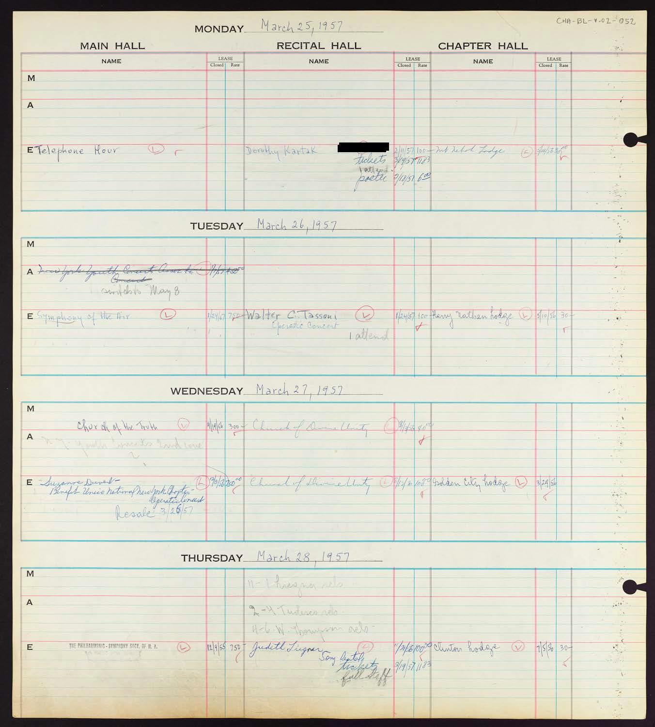 Carnegie Hall Booking Ledger, volume 2, page 52