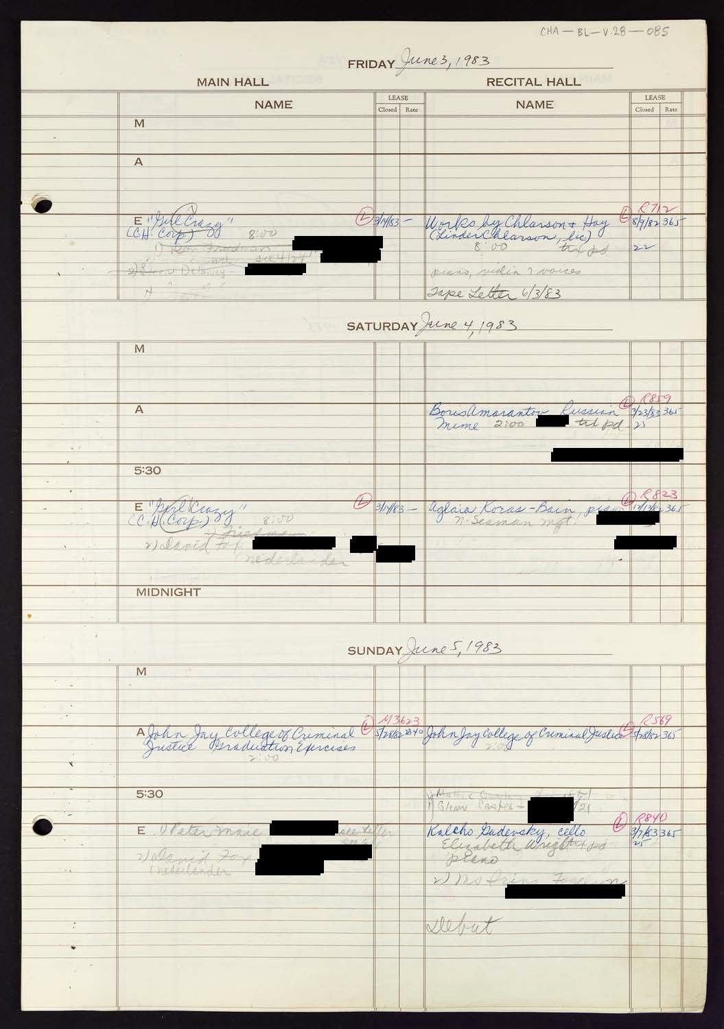 Carnegie Hall Booking Ledger, volume 28, page 85