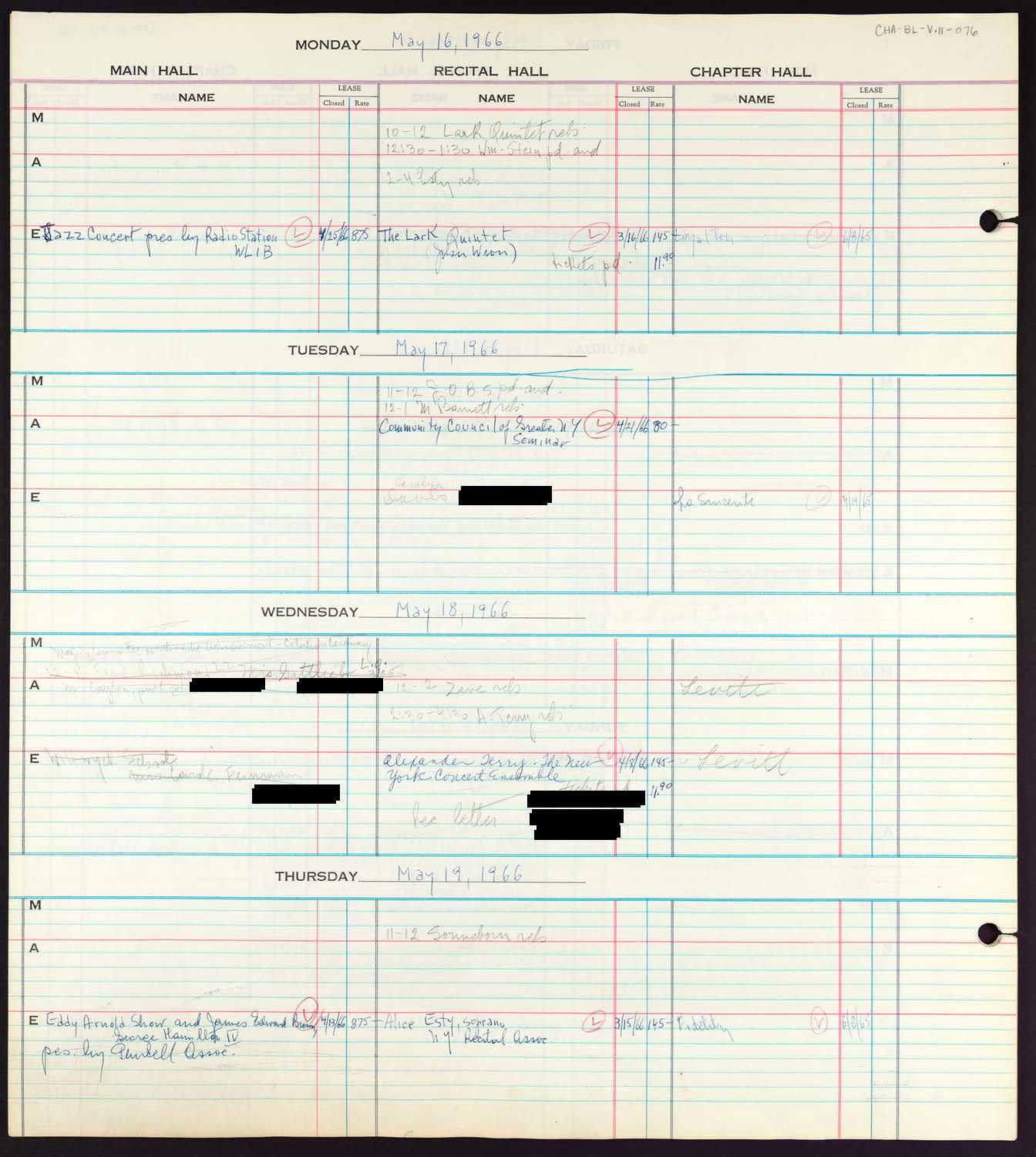 Carnegie Hall Booking Ledger, volume 11, page 76