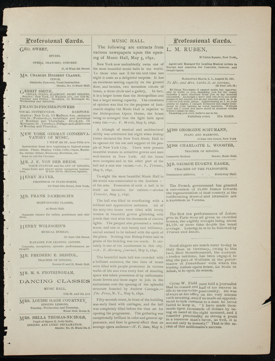 Damrosch Sunday Concert, November 22, 1891, program page 11
