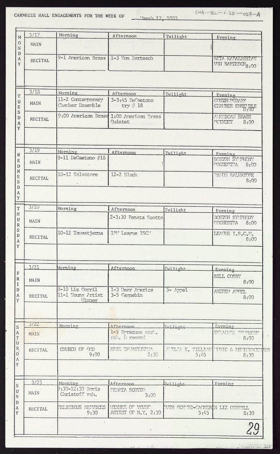 Carnegie Hall Booking Ledger, volume 25, page 58a