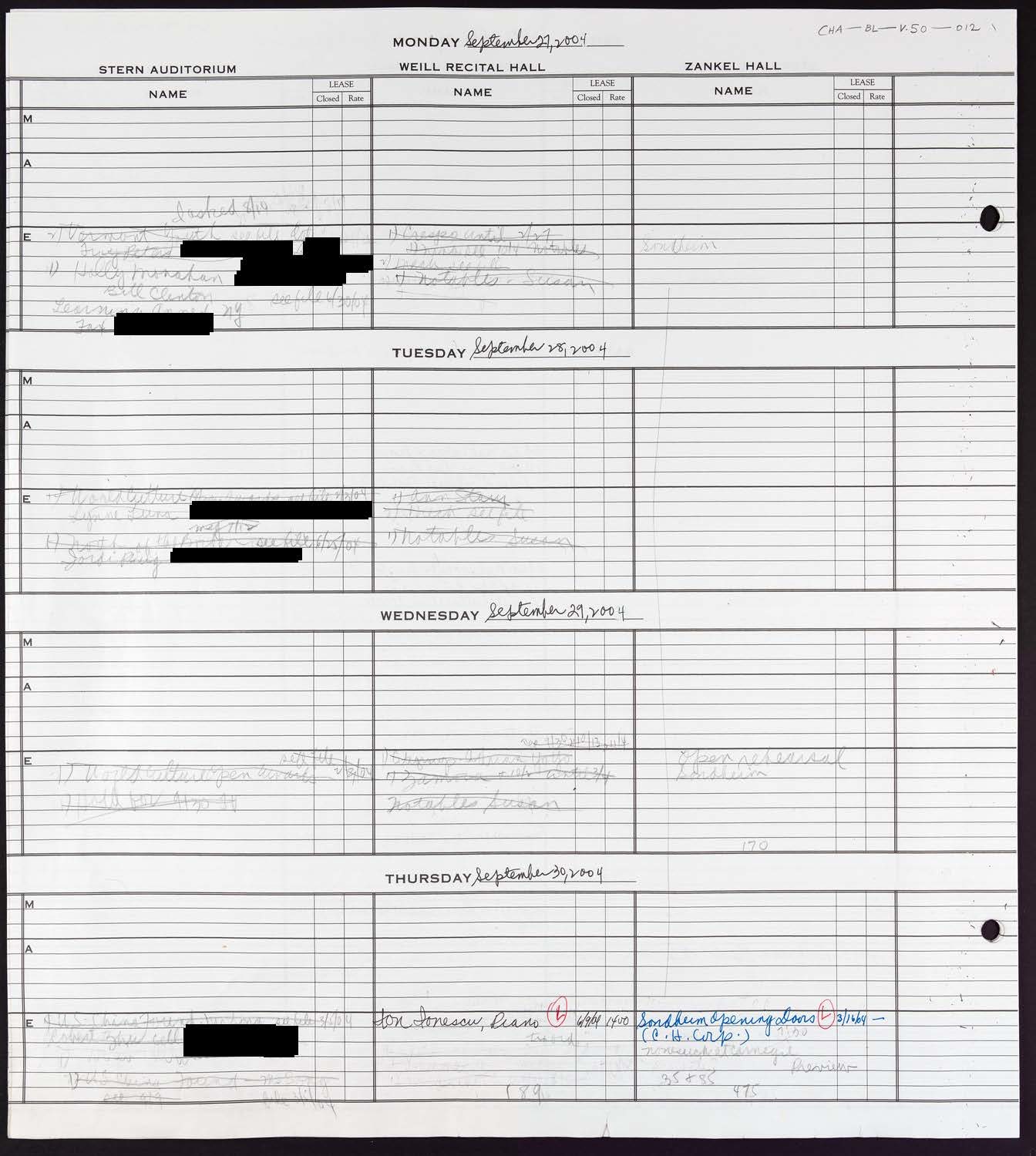 Carnegie Hall Booking Ledger, volume 50, page 12