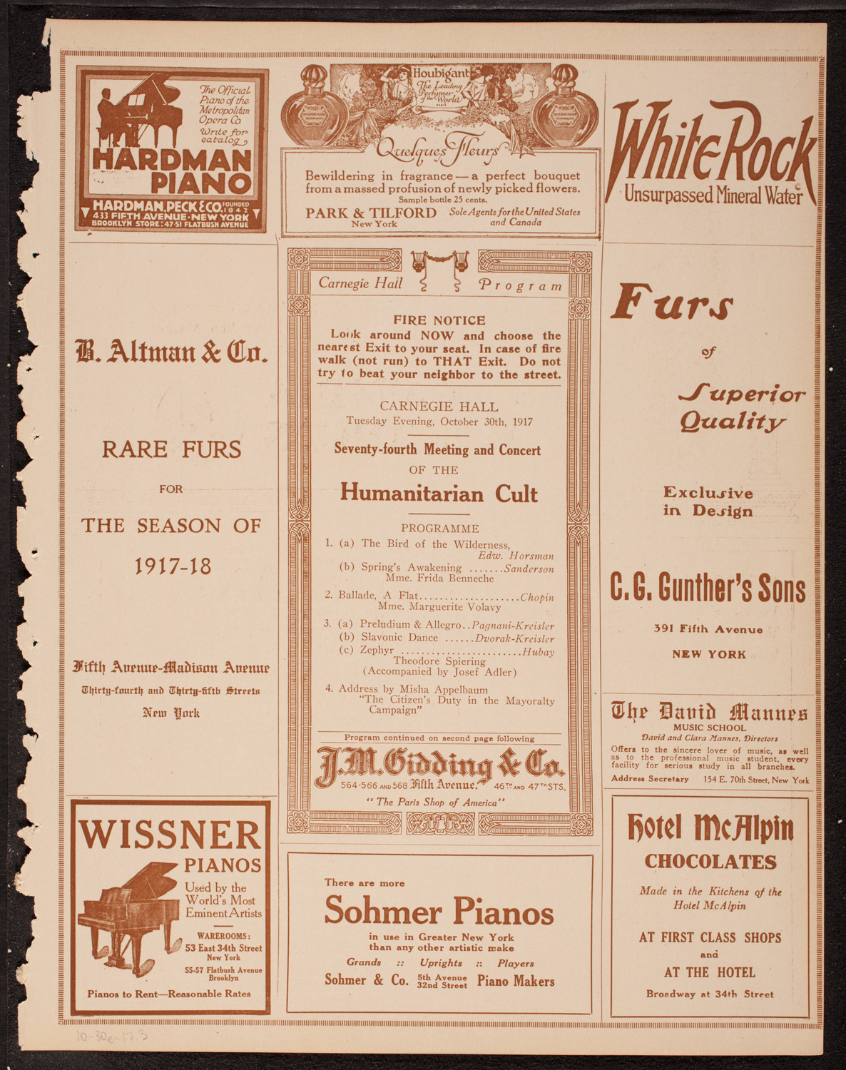 Meeting: The Humanitarian Cult, October 30, 1917, program page 5