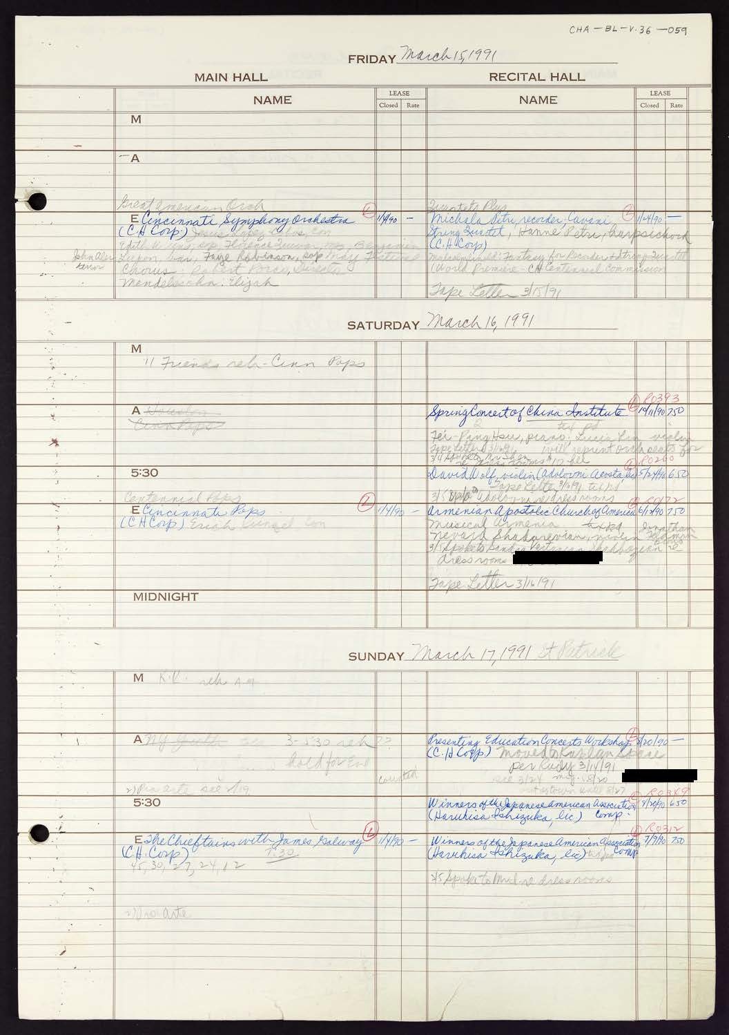 Carnegie Hall Booking Ledger, volume 36, page 59